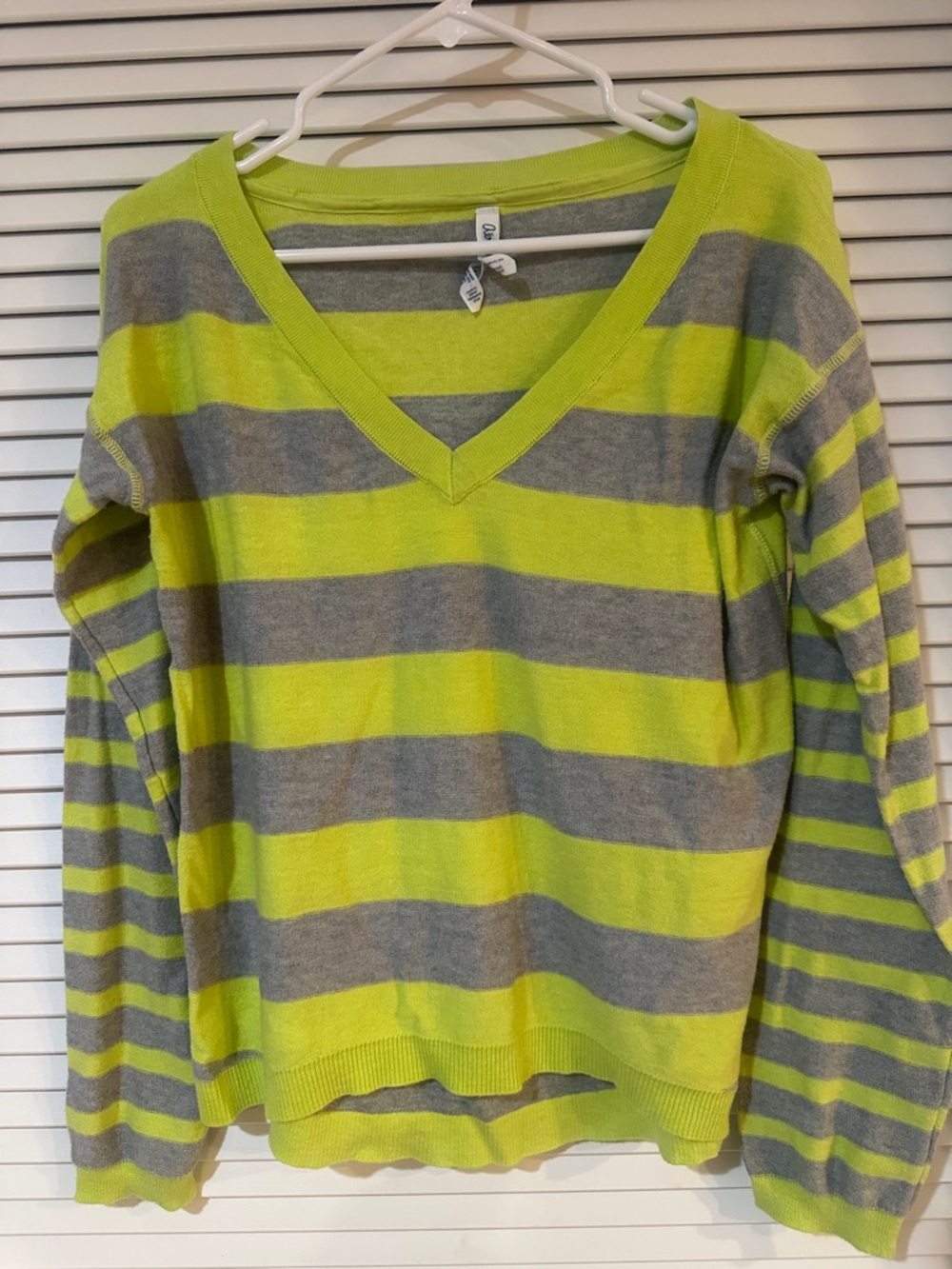 Aeropostale Lime Green and Gray Striped V-Neck Sweater